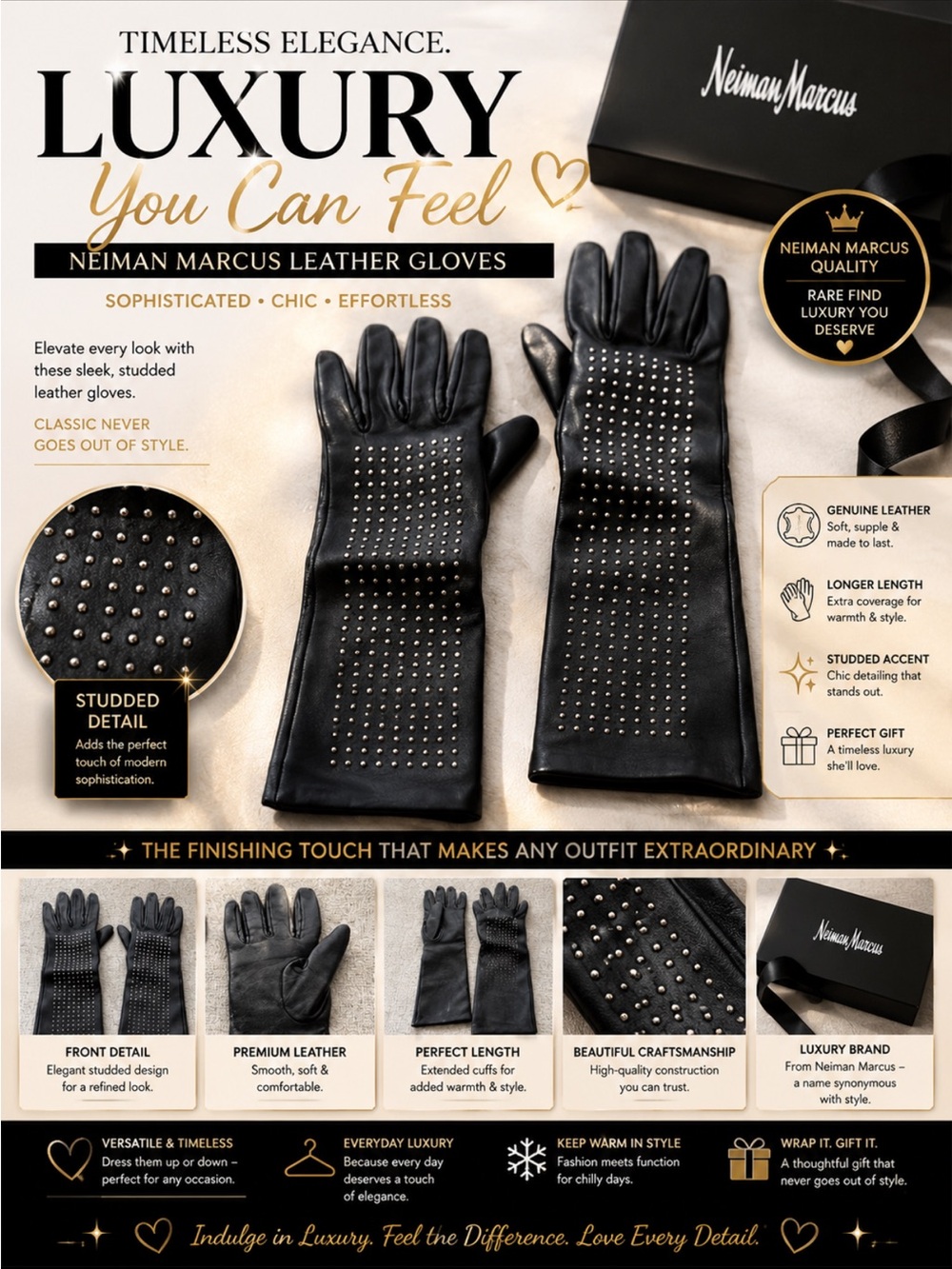 Black Leather Studded Gloves- Neiman Marcus